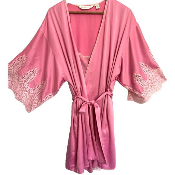Victoria's Secret Other - Vintage Victoria's Secret Lace Satin Penquoir Robe Cami Slip Dress Size S Set